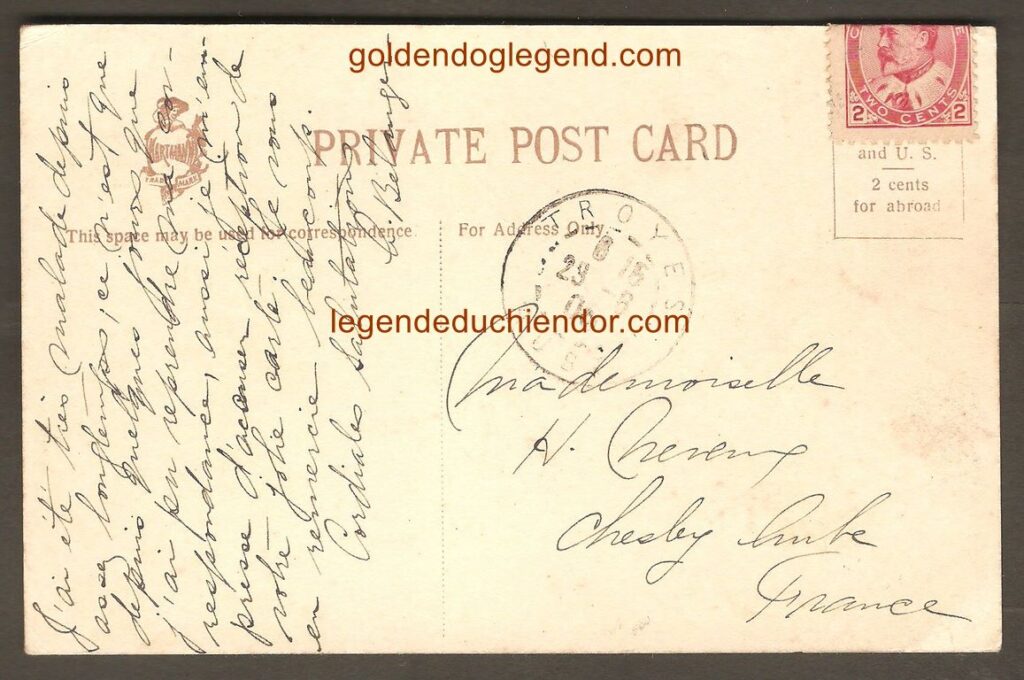 Le bas-relief du Chien d'Or sur une carte postale de Bilaudeau, Ottawa. Postée le 12 juin 1905, à destination de la France. On note l'absence de cachet postal de départ.